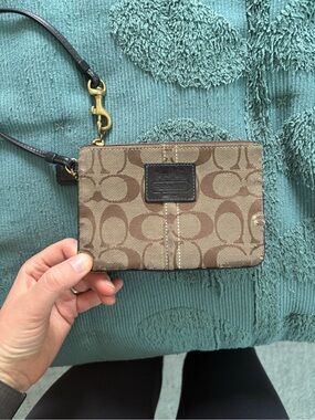 COACH Brown Signature Canvas Wristlet with Leather Strap